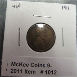 1012. 1911 P Lincoln Cent. VG-10.