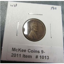 1013. 1911 P Lincoln Cent. EF details skuzzy Net VF.