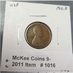 1016. 1911 D Lincoln Cent. VG-8.