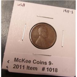 1018. 1911 S Lincoln Cent. VG-10.