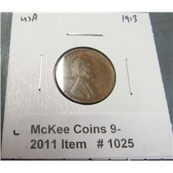 1025. 1913 P Lincoln Cent. EF-40.