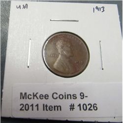 1026. 1913 P Lincoln Cent. F-12.