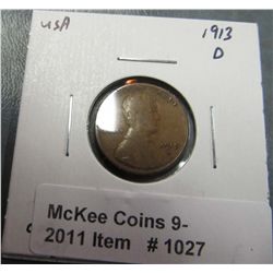 1027. 1913 D Lincoln Cent. F-12.