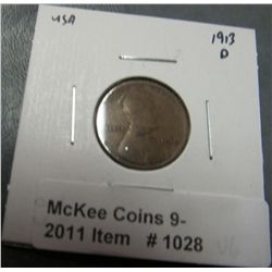 1028. 1913 D Lincoln Cent. VG-8.
