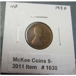 1030. 1913 D Lincoln Cent. AG-3.