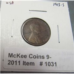 1031. 1913 S Lincoln Cent. VF details, dirty, net F-12.