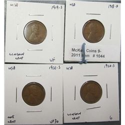 1044. 1918D F, 19S VF, 20S G, & 21S VF Lincoln Cents.