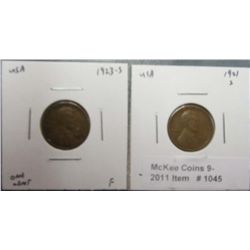 1045. 1921 S G-6 & 23 S F-12 Lincoln Cents.