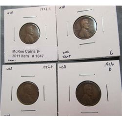 1047. 1923S, 24S, 25D, & 26D Lincoln Cents. G-VG.