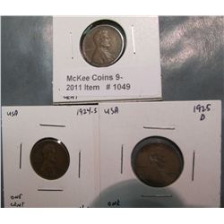 1049. 1923S, 24S, & 25D Lincoln Cents. VG-F.