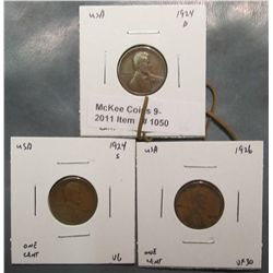 1050. 1924D, 24S, & 26P Lincoln Cents. G-VF.