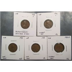 1051. 1924S, 26S, 31P, 33P, & 33D Lincoln Cents. VG-8.