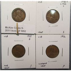 1052. 1924S, 28 Large S, 31D, & 32P Lincoln Cents. F-12.