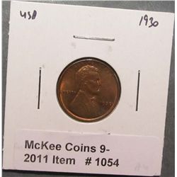 1054. 1930 P Lincoln Cent. AU 50.