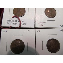 1057. 1932P, D, 33P, & D Lincoln Cents. F-VF.
