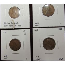 1058. 1932D, 33P, 33D, & 35P Lincoln Cents. F-AU.