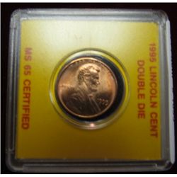 1095. 1995 P Double Die Lincoln Cent. In a holder labeled MS 65 Certified.
