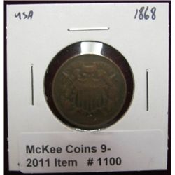 1100. 1868 U.S. Two Cent Piece. F-12.