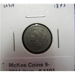 1101. 1873 U.S. Three Cent Nickel. F-12.