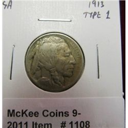 1108. 1913 P Type One Buffalo Nickel. VF 20.