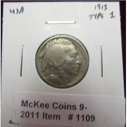 1109. 1913 P Type One Buffalo Nickel. F-12.