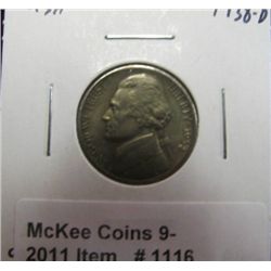 1116. 1938 D Jefferson Nickel. AU 50.