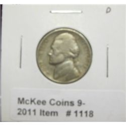 1118. 1938 D Jefferson Nickel. F-12.