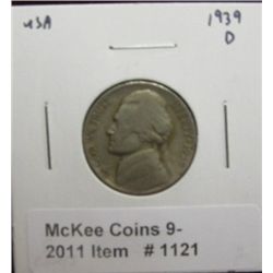 1121. 1939 D Jefferson Nickel. F-12.