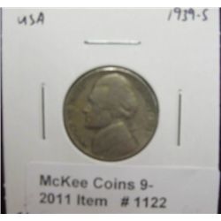 1122. 1939 S Jefferson Nickel. F-12.