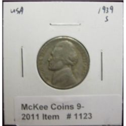 1123. 1939 S Jefferson Nickel. VG-8.