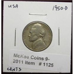 1125. 1950 D Jefferson Nickel. VF 20.