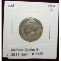 1126. 1950 D Jefferson Nickel. F-12.