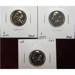 1134. 1962P, 63P, & 64 P Jefferson Nickels. Proof 65.