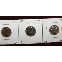 1135. 1963P, 64P, & 68S  Jefferson Nickels. Proof 65.
