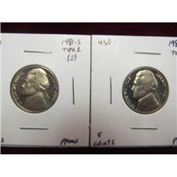 1140. 1981S Type One & Type Two Jefferson Nickels. Proof 65+.