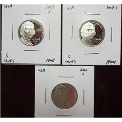 1144. 2007S, 09S, & 10S Proof 65 Jefferson Nickels.