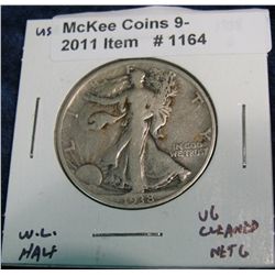 1164. 1938 D Walking Liberty Half Dollar. VG, cleaned, Net G-4.