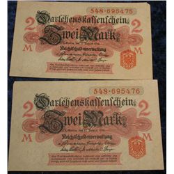 1407. (2) August 12, 1914 Germany 2 Mark Notes. EF-AU.