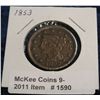 Image 1 : 1590. 1853 U.S. Large Cent. Scratched and slightly pitted, otherwise VF.