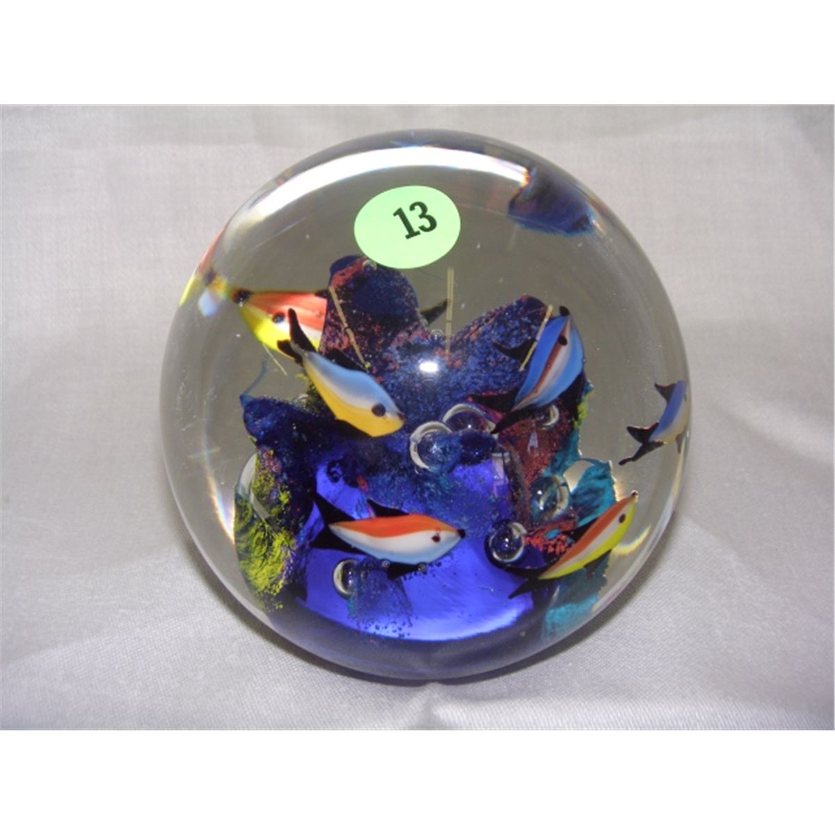 large art glass ocean (fish and coral) scene paperweight 5"