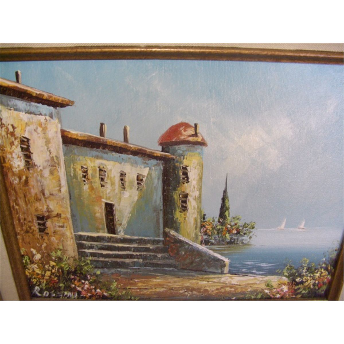 oil painting of Italian harbor villa scene, signed Rossini 13 1/2 x 15 1/2