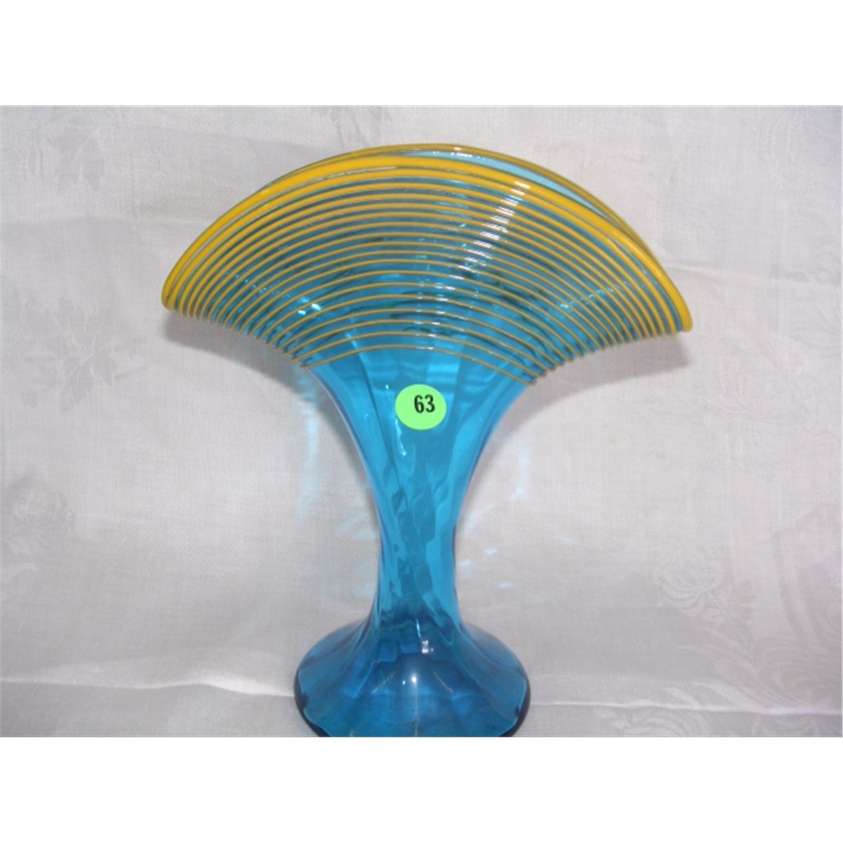 blue art glass fan vase with threaded top, signed czechoslovakian