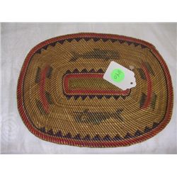 wonderful Native American handmade Makah mat trivet with whales 9" across