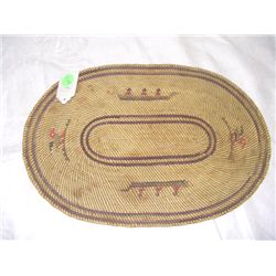 wonderful Native American handmade Makah mat (trivet) with e men in canoe 12" across