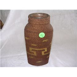 wonderful Native American handmade Tsimshian covered condiment bottle 8"
