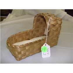 NE Native American vintage Penobscot / Micmac ash splint covered bassinet w/ original matt & pillow