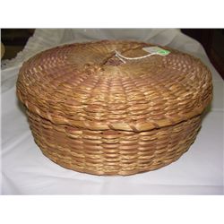 NE Native American vintage Penobscot braided sweet grass and splint covered sewing basket