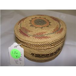 NW Native American Makah treasure basket w/ whale -bird Makah hunting party in canoe c. 1930