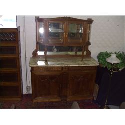 antique French oak carved china buffet with marble top (cracked 2 pieces) with curved glass top SSR