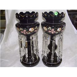 fabulous matching pair of hand painted antique mantle luster with long glass prisms
